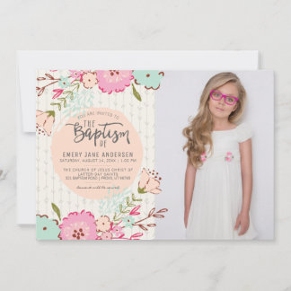 LDS BAPTISM PHOTO INBJUDAN | Elegant Blommigt Girl