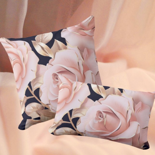 Le Boudoir Noir Persika Rosa Rosor på Svart Kudde (Pink peach gold on black)