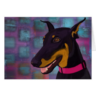 Le den svart dobermanen på en purpurfärgad hälsningskort