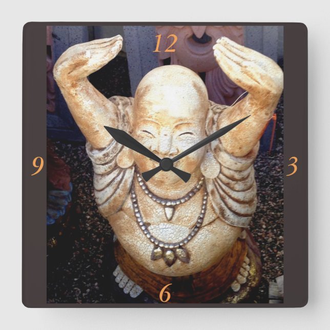 le lyckliga buddha ta tid på fyrkantig klocka (Framsida)