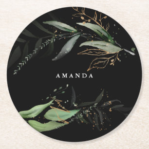 Leafy Botanical Eucalyptus Modern Black Gren Underlägg Papper Rund