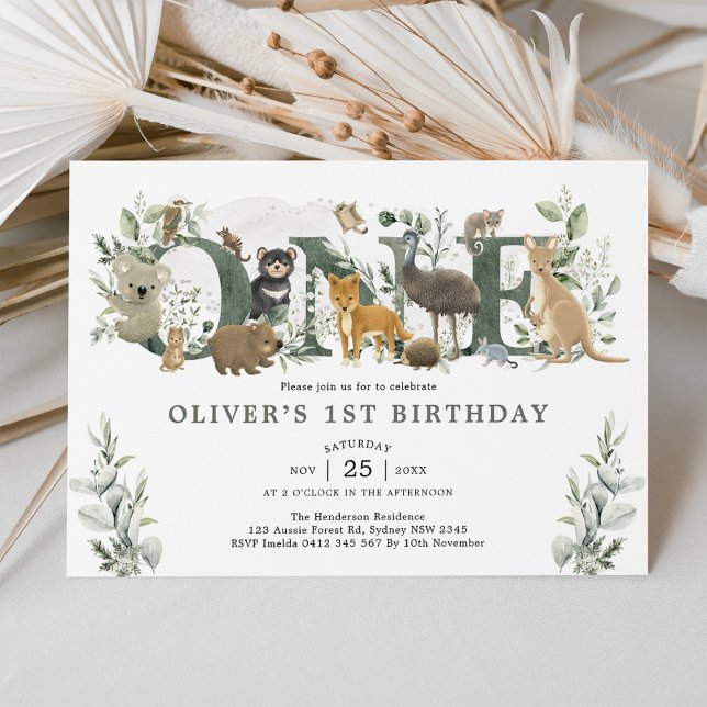 Leafy Eucalyptus Australian Animals 1st Birthday Inbjudningar (Skapare uppladdad)