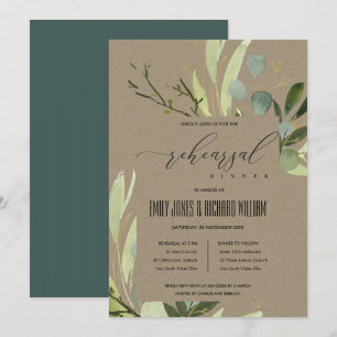 LEAFY GRÖNT FOLIAGE WATERCOLOR REHEARSAL DINNER INBJUDNINGAR
