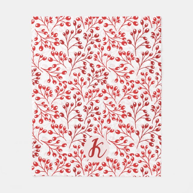 Leafy Red Mönster Modern Elegant Monogrammad Fleecefilt (Framsidan)