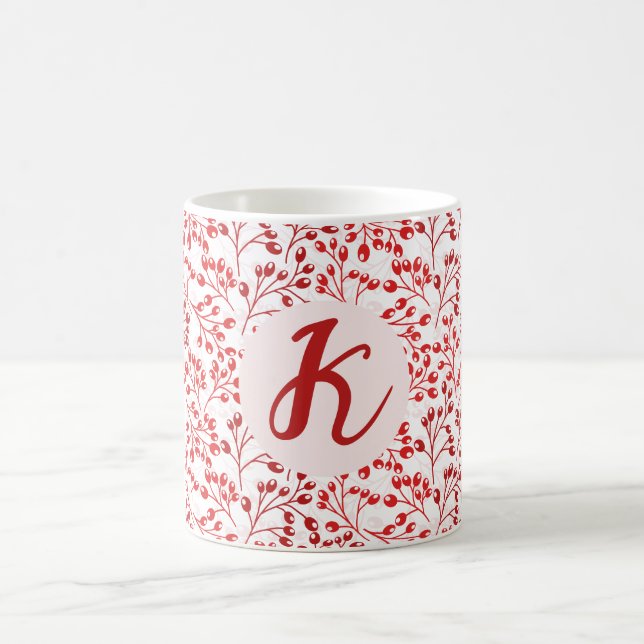 Leafy Red Mönster Modern Elegant Monogrammad Kaffemugg (Center)