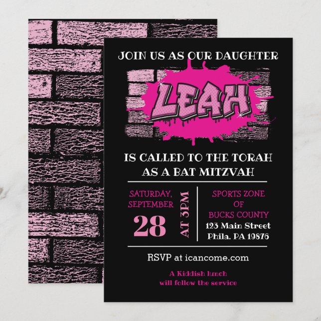 LEAH Graffiti Name Brick Wall Bat Mitzvah Einladun Inbjudningar (Fram/baksida)