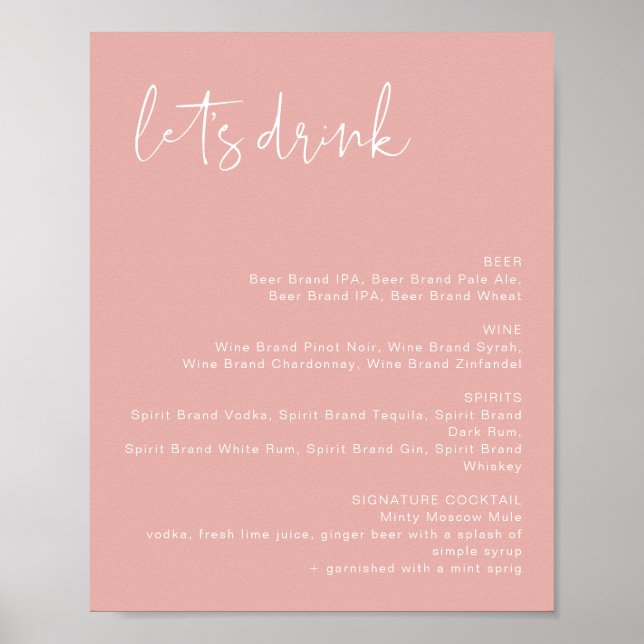 LEAH Ljusrosa Pastell Rosa Let's Drink Bar Meny  Poster (Framsidan)