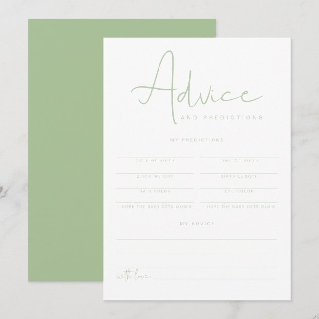 LEAH Pastel Grönt Baby Advice and Predictions Card Inbjudningar (Fram/baksida)