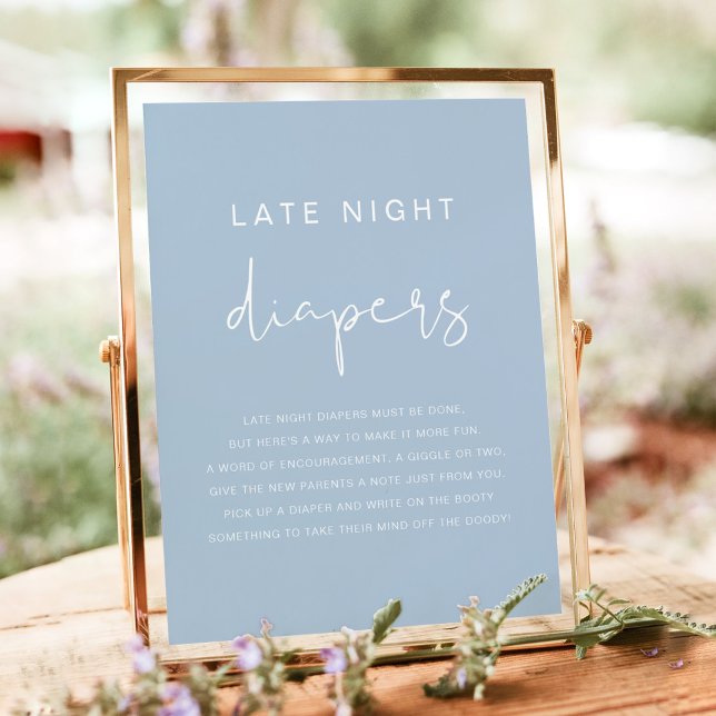 LEAH Vibrerande Pastellblå Sängvätningsspel Mall  Poster (Pastel blue late night diapers baby shower table sign)