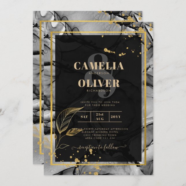 LeahG® Black Guld Alcohol Bläck Wedding INVITE Inbjudningar (Fram/baksida)