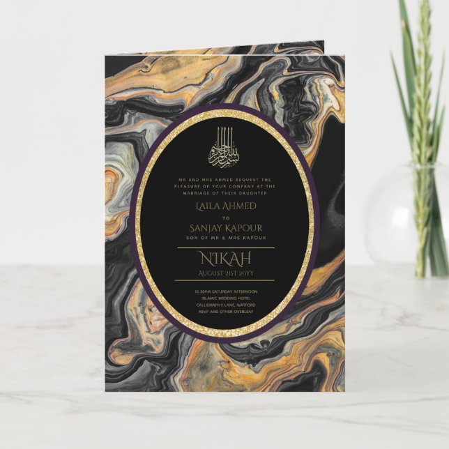 LeahG Black Guld islamiska muslimska Bröllopsinbju Kort (Framsida)