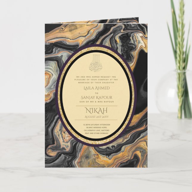 LeahG Black Guld islamiska muslimska Bröllopsinbju Kort (Framsida)
