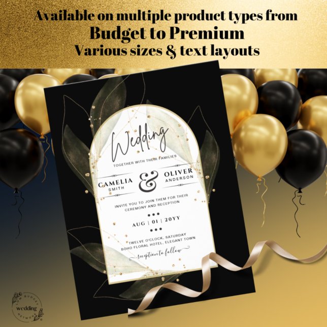 LeahG Black Guld Lämnar Modern bröllopsinbjudning (Skapare uppladdad)