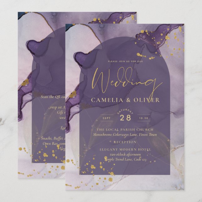 LeahG Bläck Ombre Lila Lavender Guld Bröllop Inbjudningar (Fram/baksida)