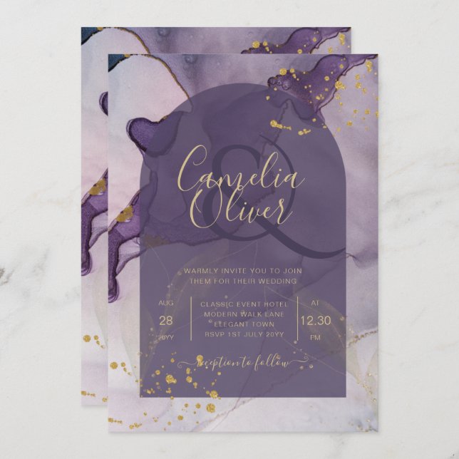 LeahG Bläck Ombre Lila Lavender Guld Bröllop Inbjudningar (Fram/baksida)