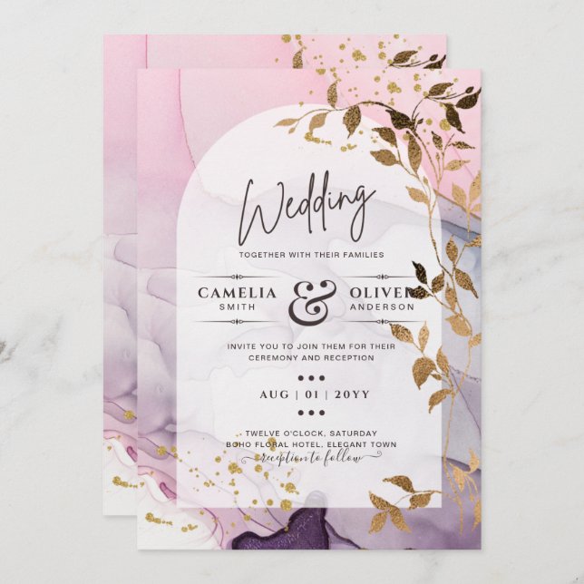LeahG Bläck Ombre Lila Rosa Rosa Guld Bröllop Inbjudningar (Fram/baksida)