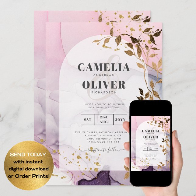 LeahG Bläck Ombre Lila Rosa Rosa Guld Bröllop Inbjudningar (Skapare uppladdad)