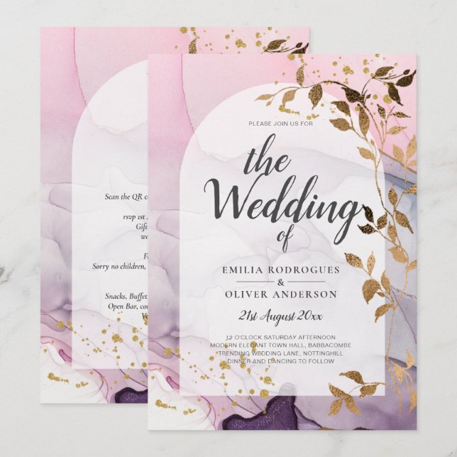 LeahG Bläck Ombre Lila Rosa Rosa Guld Bröllop Inbjudningar (Fram/baksida)