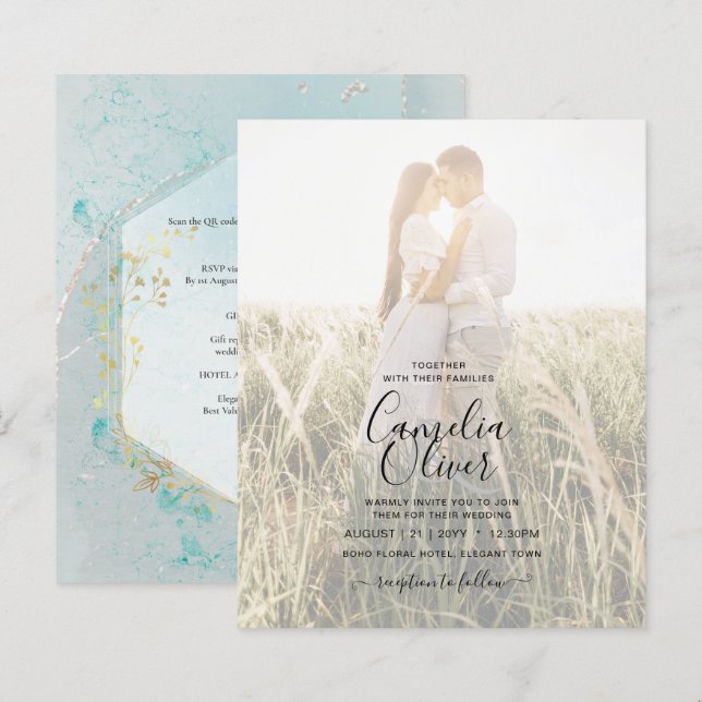 LeahG BLÄCK Sea Glass Turquise Guld Aqua INBJUDAN (Fram/baksida)