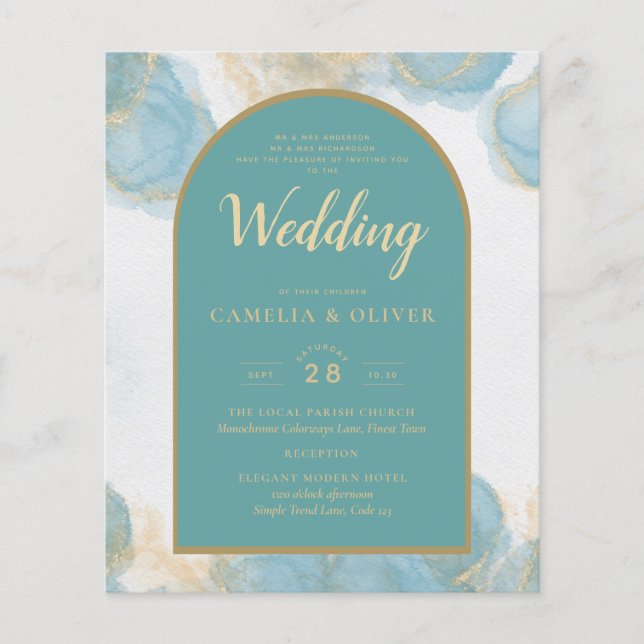 LeahG BLÄCK Sea Glass Turquise Teal Guld INBJUDAN Flygblad (Framsidan)