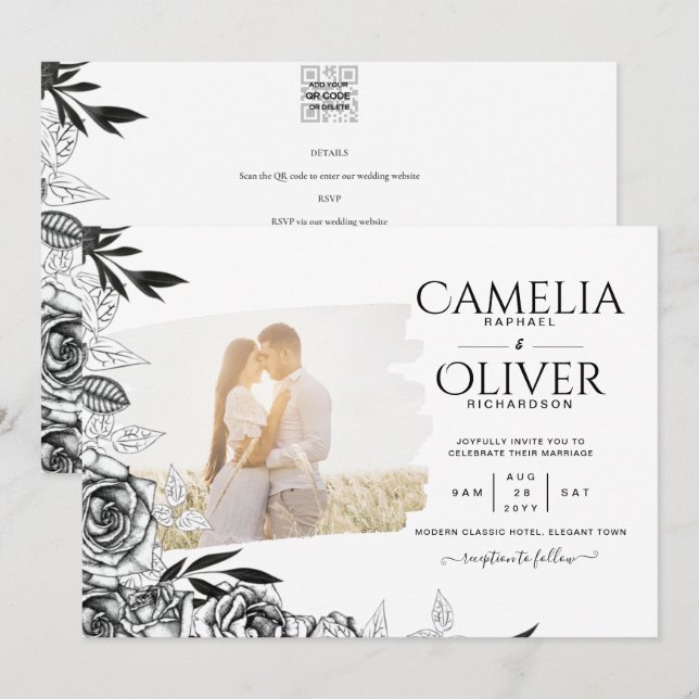 LeahG Black White Ro Photo Overlay Bröllop Inbjudningar (Fram/baksida)