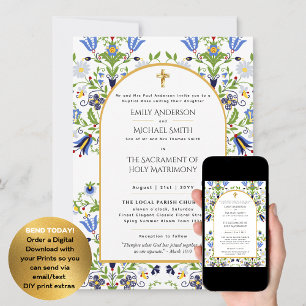 LeahG Blue Blommigt Catholique Bröllop Nuptial Mas Inbjudningar