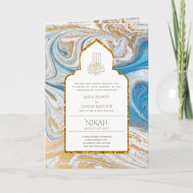 LeahG Blue Islamic Bröllopsinbjudans Nikah Kort (Framsida)