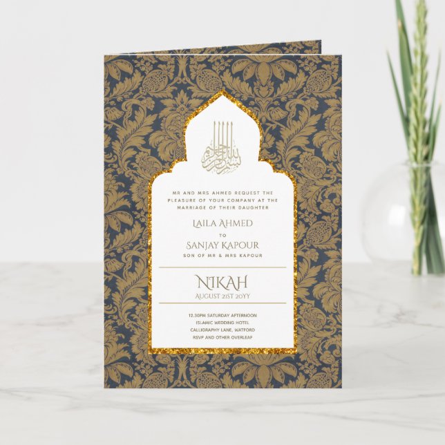 LeahG Blue Islamic Bröllopsinbjudans Nikah Kort (Framsida)