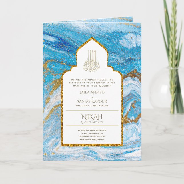 LeahG Blue Islamic Bröllopsinbjudans Nikah Kort (Framsida)