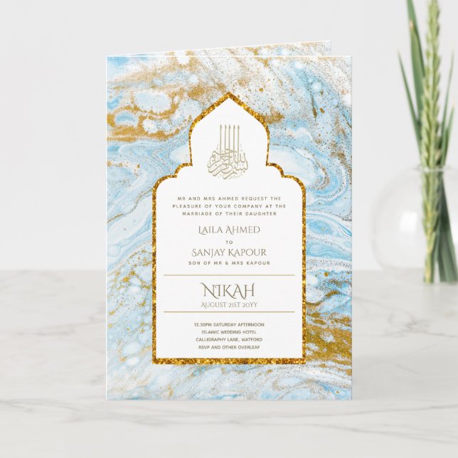 LeahG Blue Islamic Bröllopsinbjudans Nikah Kort (Framsida)