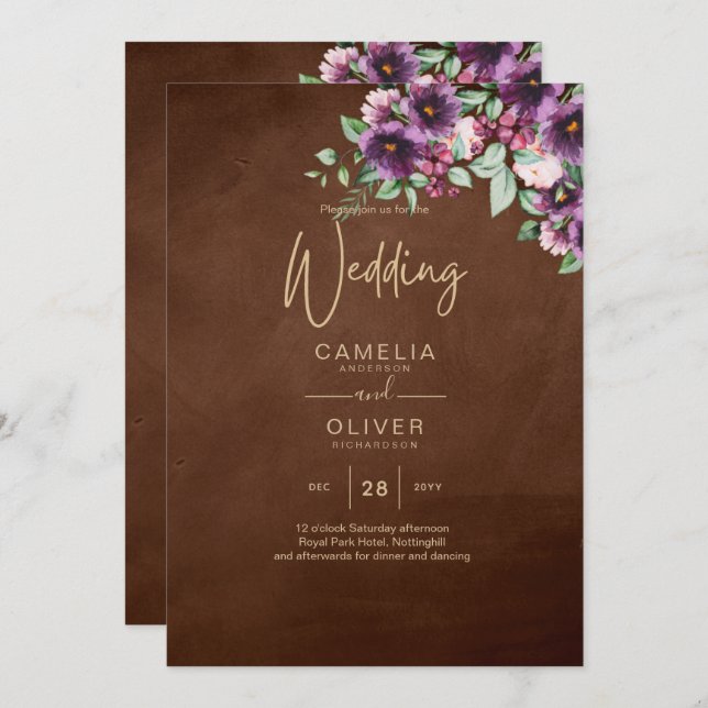 LeahG Bruna Bär Plommon Lila Bröllop Höst Vinter Inbjudningar (Fram/baksida)