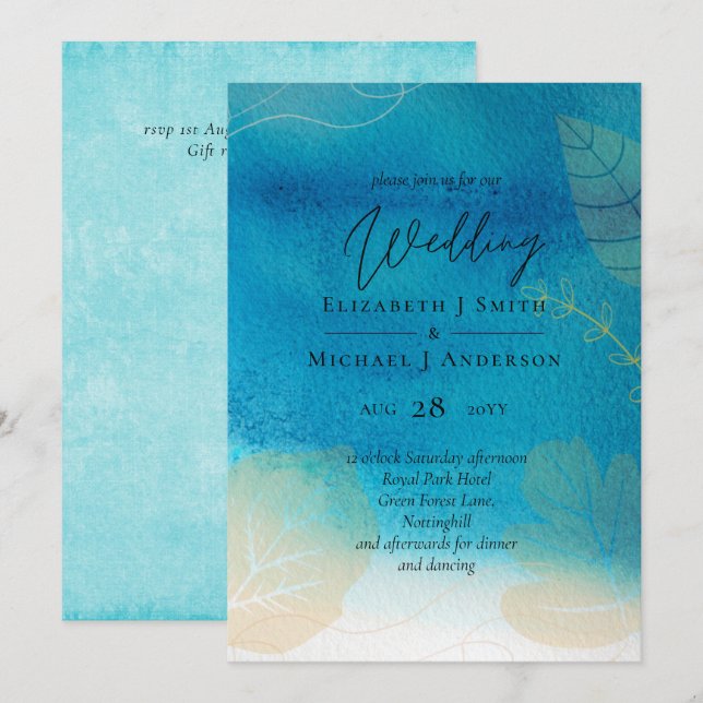 LeahG BUDGET Bröllop Ocean Blue Watercolor (Fram/baksida)