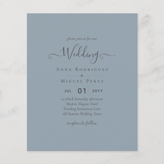 LeahG Budget Dusty Blue Monochrome Bröllop Flygblad (Framsidan)