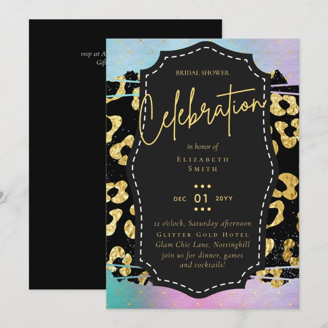 LeahG Budget Glam Chic Möhippa Unicorn Guld Inbjudningar (Fram/baksida)