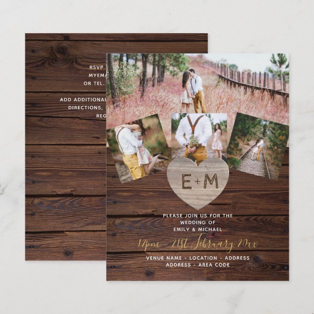 LeahG BUDGET Rustic Wood Heart PHOTO BRÖLLOP (Fram/baksida)