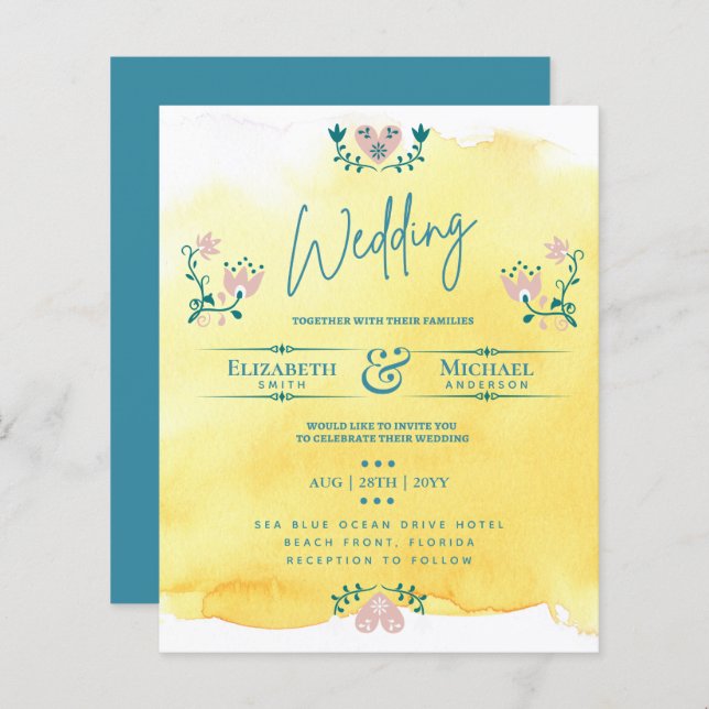 LeahG BUDGET Wedding Bjud in Folk Art Gult Teal (Fram/baksida)