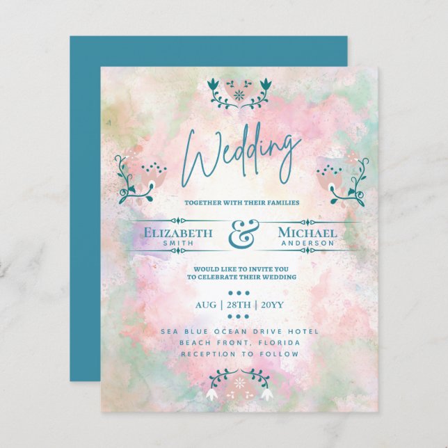 LeahG BUDGET Wedding Bjud in folkkonst Teal Rosa (Fram/baksida)