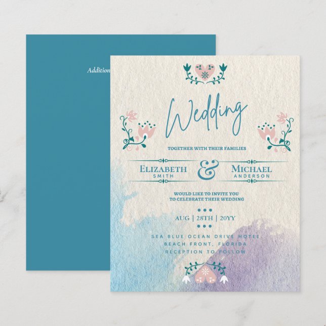 LeahG BUDGET Wedding Bjud in folkkonst Teal Rosa (Fram/baksida)