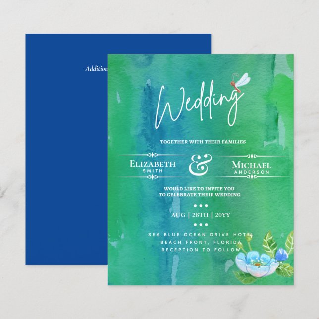 LeahG BUDGET Wedding bjude Garden Pond Watercolor (Fram/baksida)