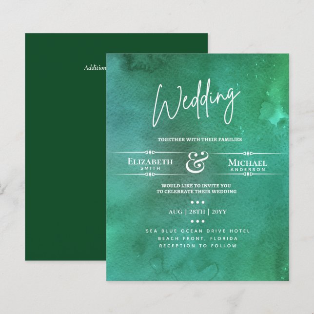 LeahG BUDGET Wedding Inve Emerald Watercolor (Fram/baksida)