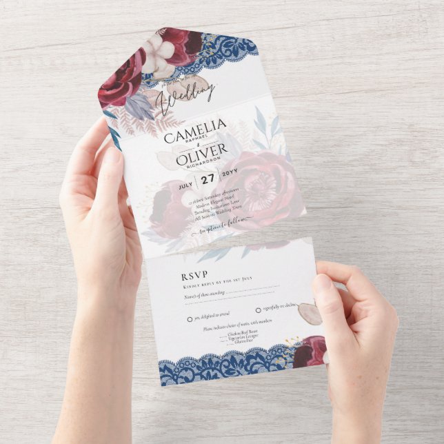 LeahG Burgundy Blue Ro Snöre Fall Wedding Inbjudan (Avrivbar del)