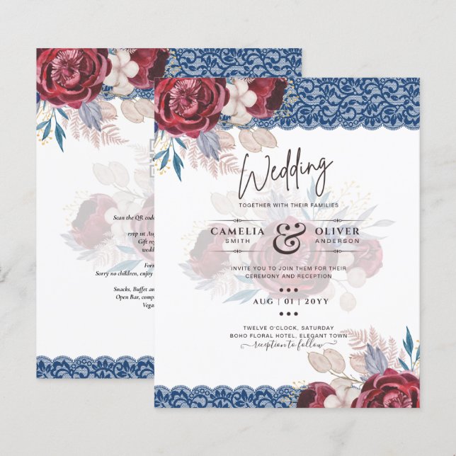 LeahG Burgundy Blue Ro Snöre Fall Wedding Inbjudan (Fram/baksida)
