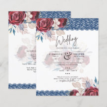 LeahG Burgundy Blue Ro Snöre Fall Wedding Inbjudan