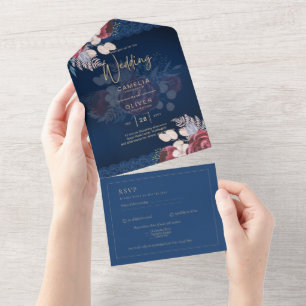 LeahG Burgundy Blue Ro Snöre Fall Wedding Inbjudan