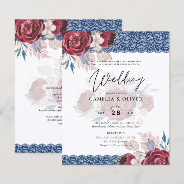 LeahG Burgundy Blue Ro Snöre Fall Wedding Inbjudan (Fram/baksida)