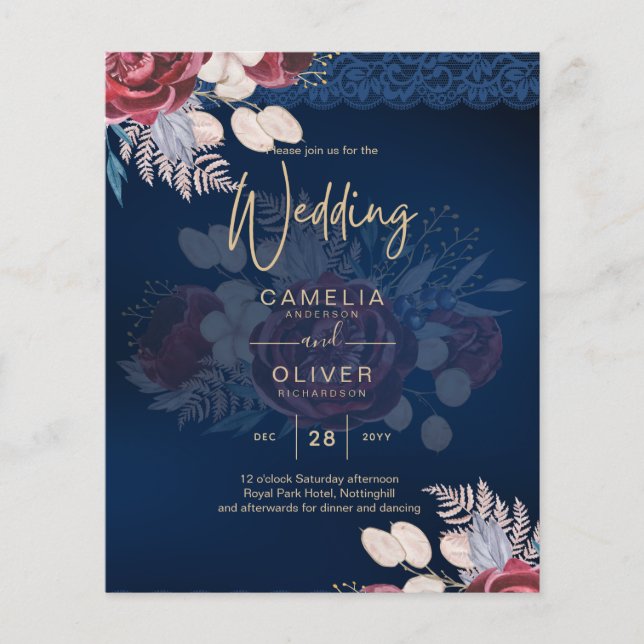 LeahG Burgundy Blue Ro Snöre Fall Wedding Inbjudan Flygblad (Framsidan)
