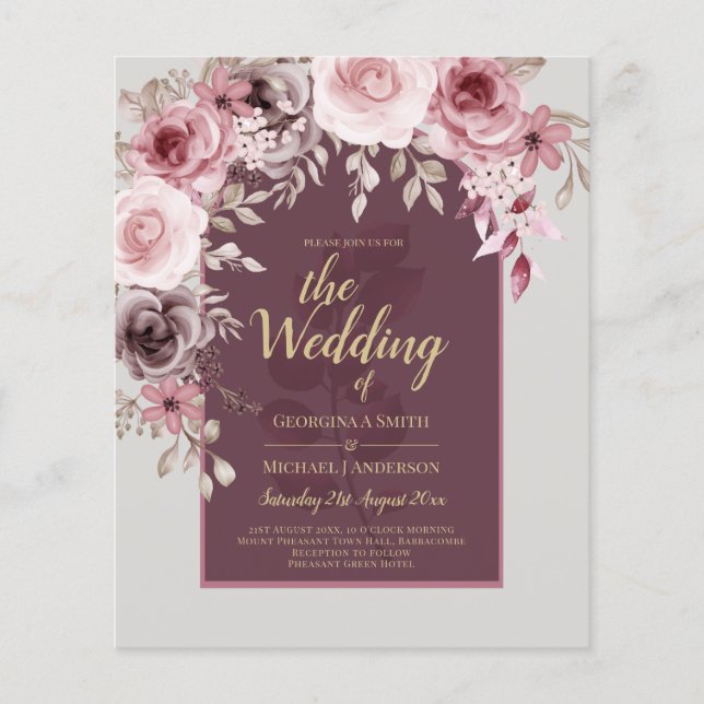 LeahG Burgundy  Rosa ros Fall Wedding Inv. Flygblad (Framsidan)
