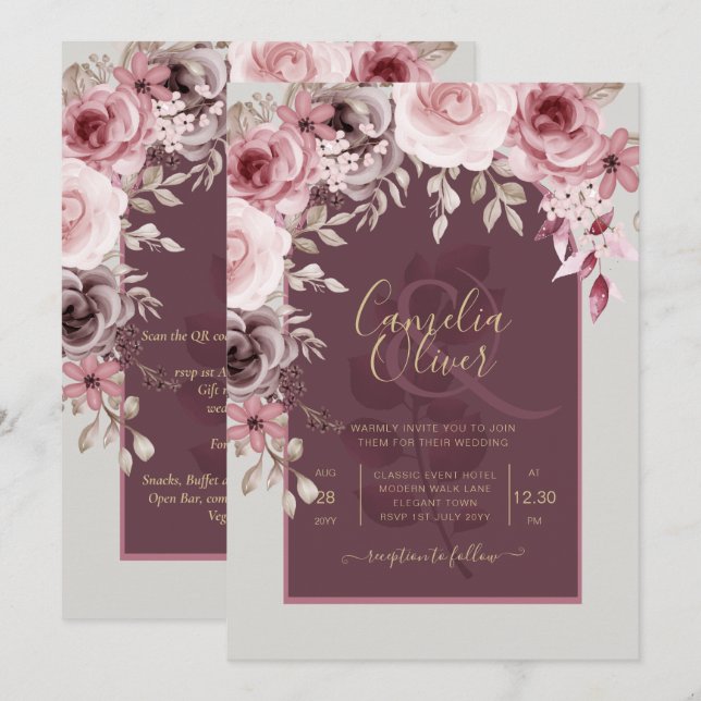LeahG Burgundy  Rosa ros Fall Wedding Inv. Inbjudningar (Fram/baksida)