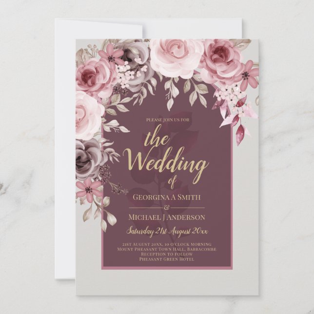 LeahG Burgundy  Rosa ros Fall Wedding Inv. Inbjudningar (Framsida)