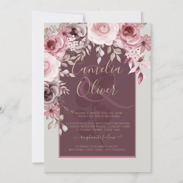 LeahG Burgundy  Rosa ros Fall Wedding Inv. Inbjudningar (Framsida)